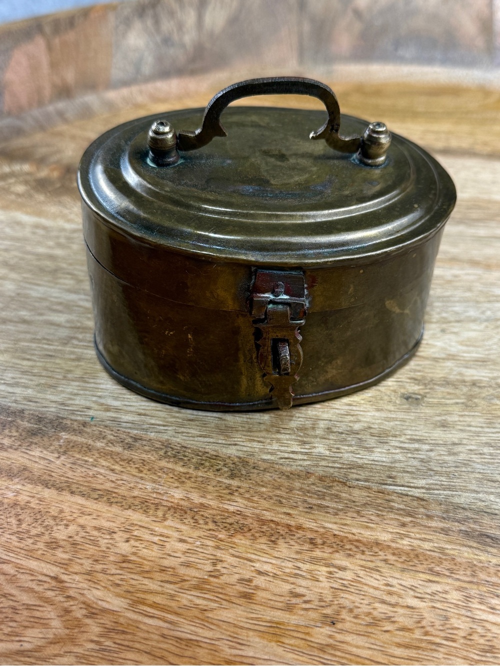 Oval Brass Tone Metal Trinket Box with Handle & Patina | Lollie Closet
